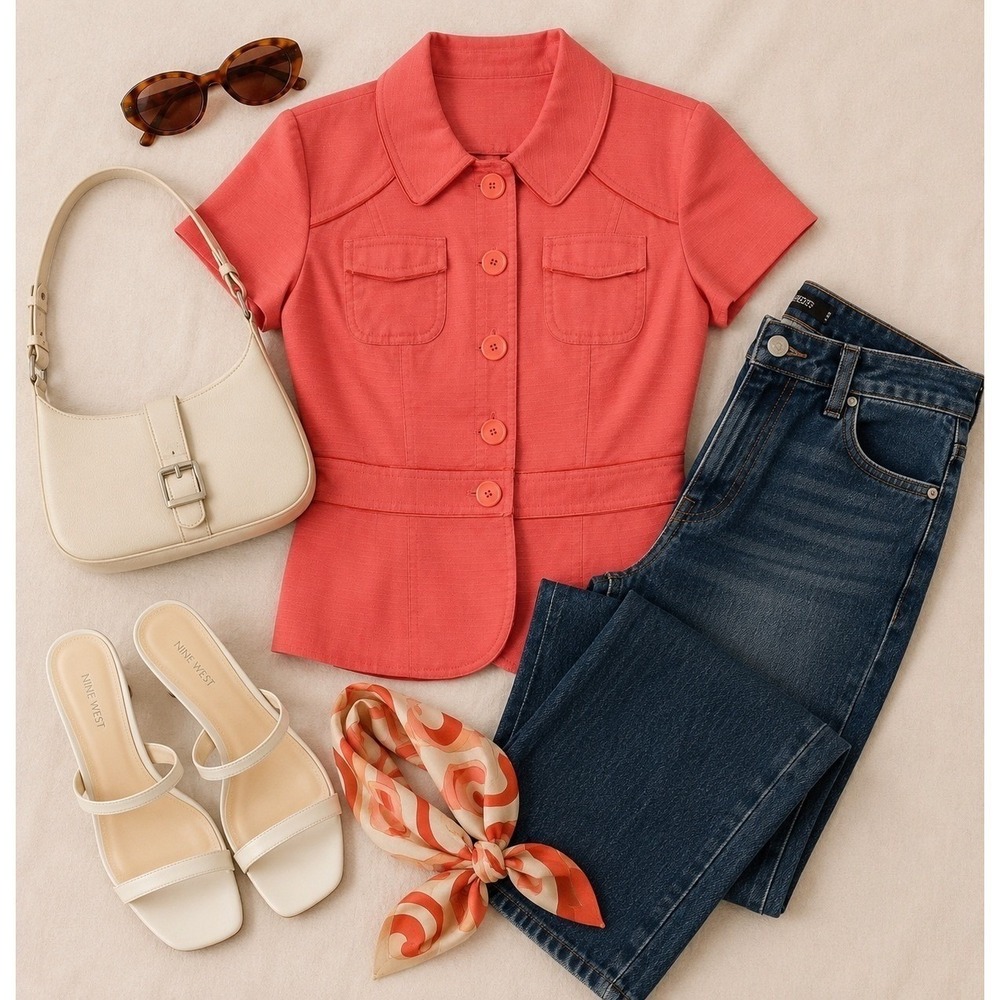 Halogen Coral Short-Sleeve Button Up Structured Jacket/Top Women's Size Medium